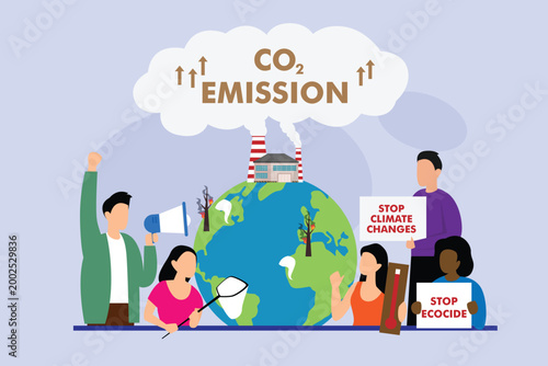 Environmental Activists Protesting Against Climate Change and $CO_2$ Emissions from Industrial Factories to Save the Earth 2d flat vector illustration