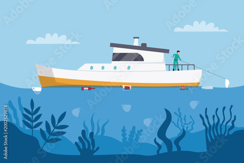Environmental Activist on Boat Cleaning Plastic Waste and Trash from the Ocean to Save Marine Ecosystem 2d flat vector illustration