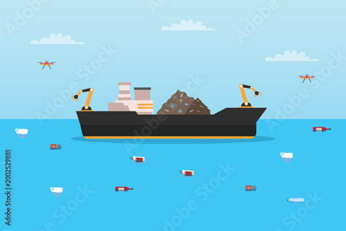 Industrial Ocean Cleanup Vessel and Drones Removing Plastic Waste and Trash from the Sea to Protect Marine Life 2d flat vector illustration