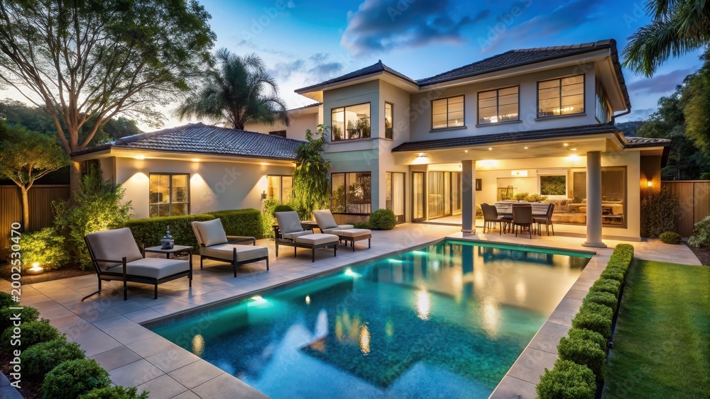 Fototapeta premium A photo of a newly constructed luxury home with an expansive backyard featuring lush greenery, a sparkling swimming pool, and elegant outdoor furnitur