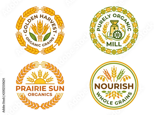 Set of 4 Agriculture and Organic Food Badges featuring Wheat Ears, Sun, and Water Mill for Farming and Bakery Branding