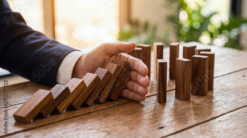 Tableau sur toile Business professional's hand intervening to halt a row of falling wooden dominoes