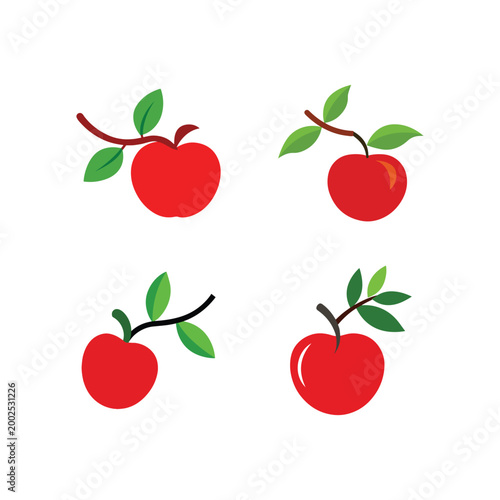 Four red apples with green leaves on stems in different cartoon styles isolated on white background