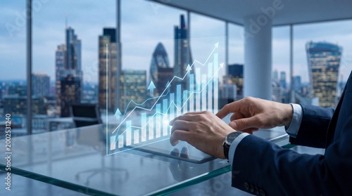 Businessman reviewing financial growth graph with city skyline and investment strategy concept