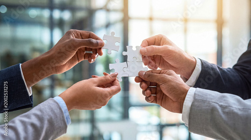 Diverse group of hands assembling jigsaw puzzle pieces, representing teamwork, unity, and shared success in business.
