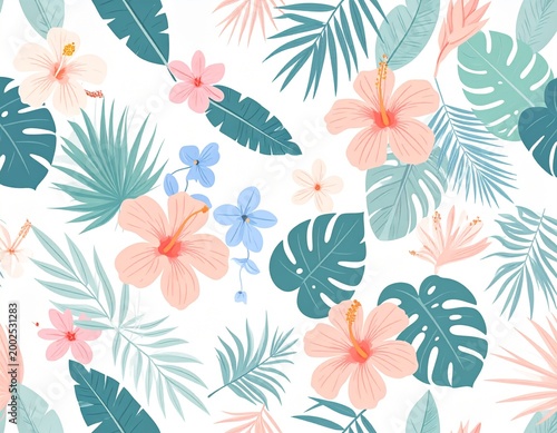 Vibrant tropical floral seamless pattern with hibiscus and palm leaves in soft pastel colors