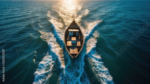 Cinematic aerial view of a traditional wooden boat sailing on turquoise ocean at sunset