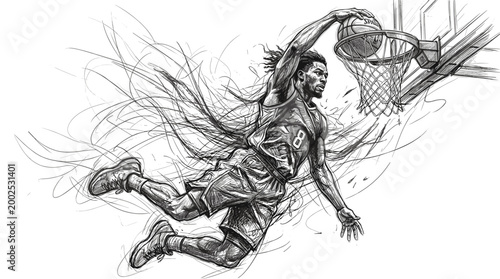 Dynamic sketch drawing of a basketball player performing an athletic dunk