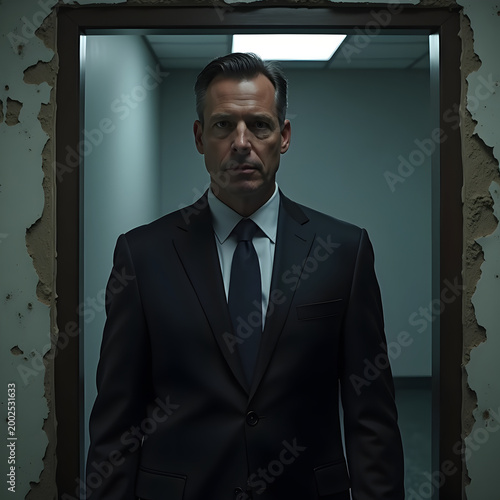 Businessman in suit in front of a door walls with cracks