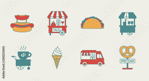 Colorful Food Truck Icon Set.