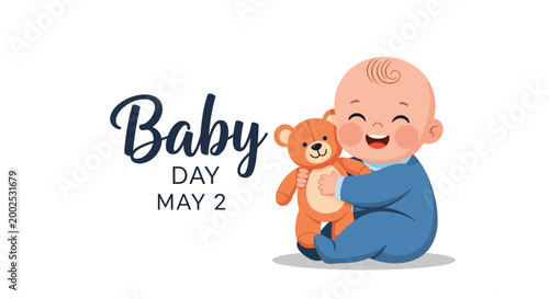 A joyful baby illustration, designed for a Baby Day social media post, features the cute baby concept of an infant happily hugging a plush teddy bear against a clean white background