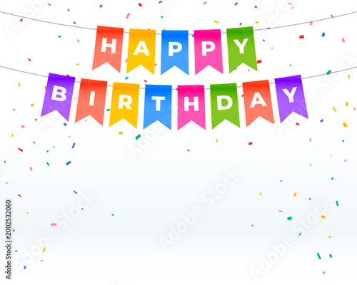 happy birthday bunting flag background with colorful confetti design