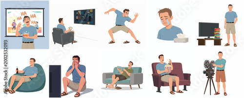 Flat Illustration Collection of Man Experiencing Various Emotions While Watching Entertainment