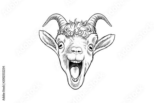 lineart illustration of a happy smiling goat head