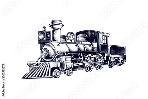 vintage steam train lineart illustration