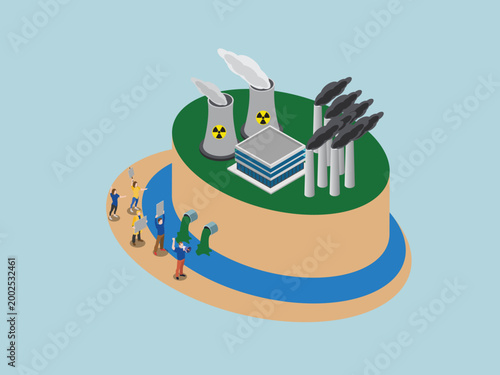 Protest Against Industrial Pollution and Nuclear Power Environmental Impact 3d isometric vector illustration