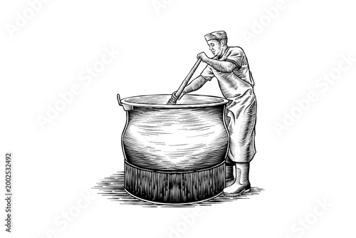 Man stirring large pot of food, traditional cooking process Illustration Lineart
