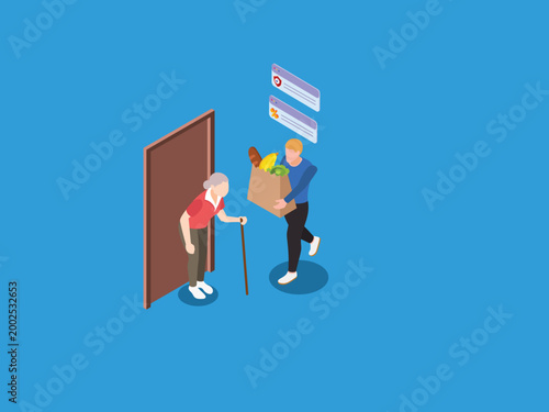 Volunteer Delivering Groceries to Elderly Woman at Home Doorway with Service App Interface 3d isometric vector illustration