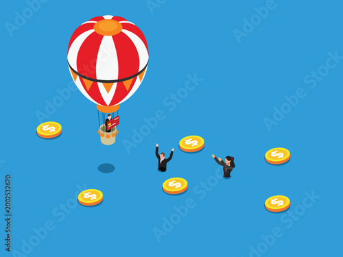 Financial Concept of Businessman in Hot Air Balloon Rising Above People Drowning in Debt 3d isometric vector illustration