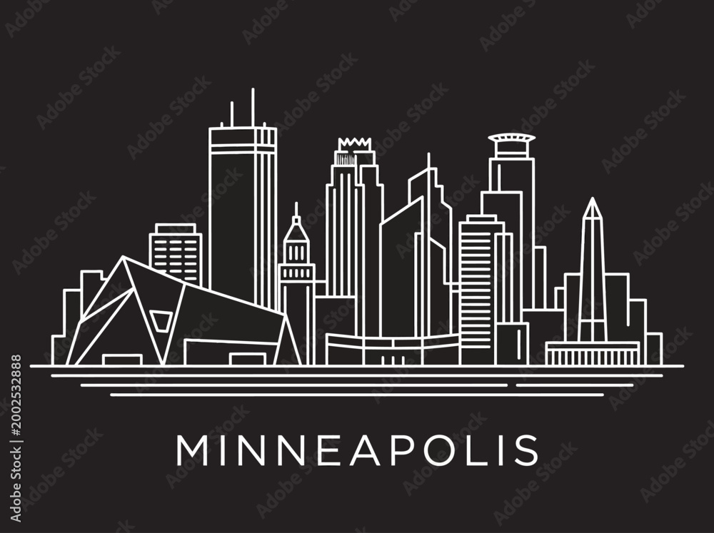 Fototapeta premium Minneapolis Minnesota City Skyline Minimalist White Line Art Illustration on Black Background