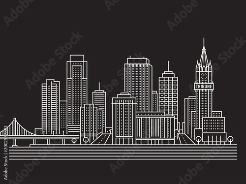 Tableau sur toile Oakland California City Skyline Vector Illustration with Tribune Tower and Bridg