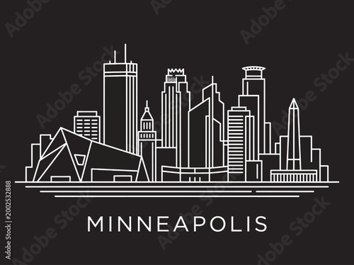 Tableau sur toile Minneapolis Minnesota City Skyline Minimalist White Line Art Illustration on Bla