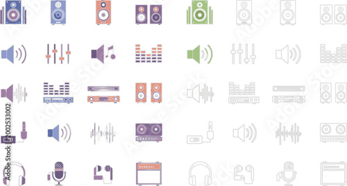 Music and audio icon set in flat style featuring speakers, equalizer, headphones, and sound elements for multimedia, recording, and digital design projects