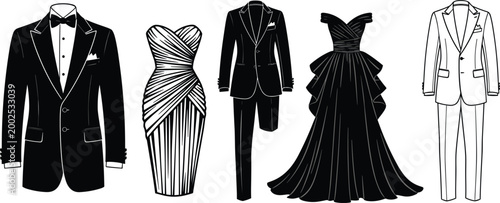 Luxury formal fashion silhouettes set with tuxedos and elegant evening gowns in black style, perfect for haute couture, wedding, gala, and red carpet design