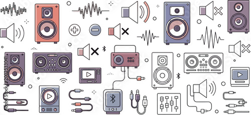 Audio equipment and music technology icon set with speakers, headphones, waveform elements, and studio tools in modern flat illustration style for sound design