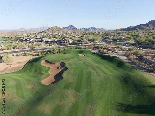 An aerial view of a desert golf course in Arizona.
