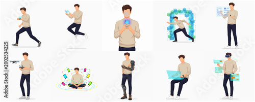 Futuristic Technology Lifestyle Vector Set Featuring Man Using VR, Bionic Limbs, and Digital Gadgets