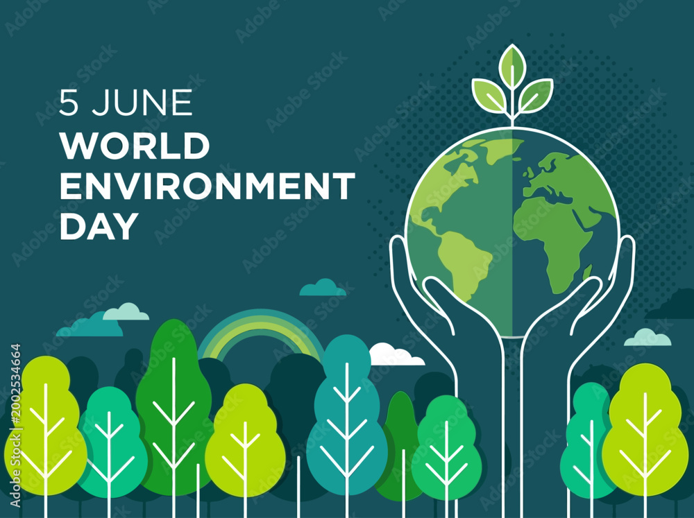 Fototapeta premium World Environment Day June 5 Concept Illustration with Hands Holding Earth Globe and Green Trees Nature Background