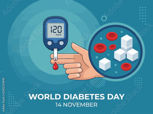 World Diabetes Day Awareness Illustration with Blood Glucose Meter, Sugar Cubes, and Blood Cells
