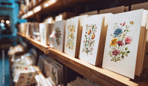 Greeting cards with colorful floral designs on a wooden shelf.