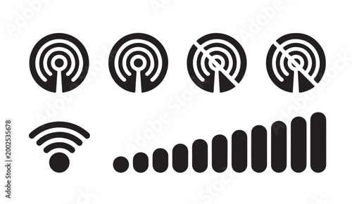 Broadcasting station and signal level indicator icons set for wireless connectivity design.