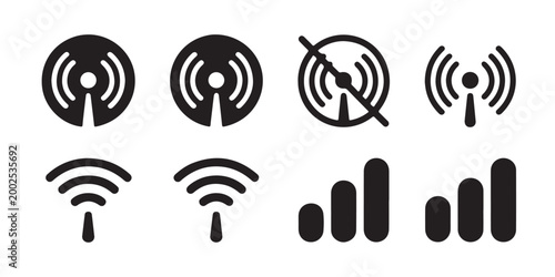 Set of wireless and wifi network signal icons, radio wave and antenna symbol collection.