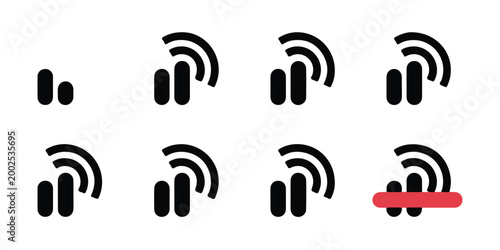Set of wireless network and cell phone signal strength indicator icons, Wi-Fi level bars.