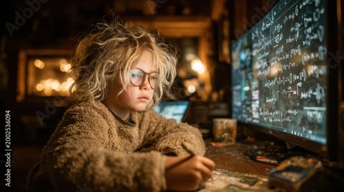 Young person working on a computer with a large screen displaying complex code