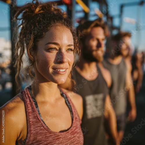Young woman at outdoor gym after workout, smiling with friends in the background