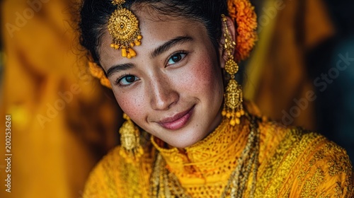 Young woman dressed in traditional yellow attire with ornate jewelry and floral accessories