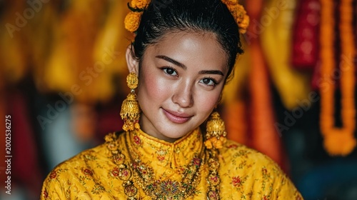 Young woman dressed in traditional yellow ethnic attire with jewelry at a cultural event