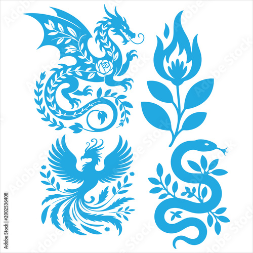 Blue silhouette of a dragon, phoenix, snake, and floral flame