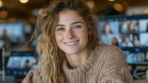 Young woman smiling during a virtual meeting in a cozy office setting