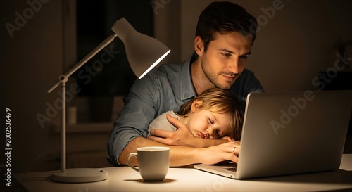 Father and Child Using Laptop in Cozy Home Setting During Evening
