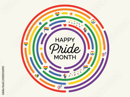 Happy Pride Month Creative Illustration with Rainbow Circular Maze Pattern and LGBTQ+ Symbols for Diversity and Inclusion Celebration