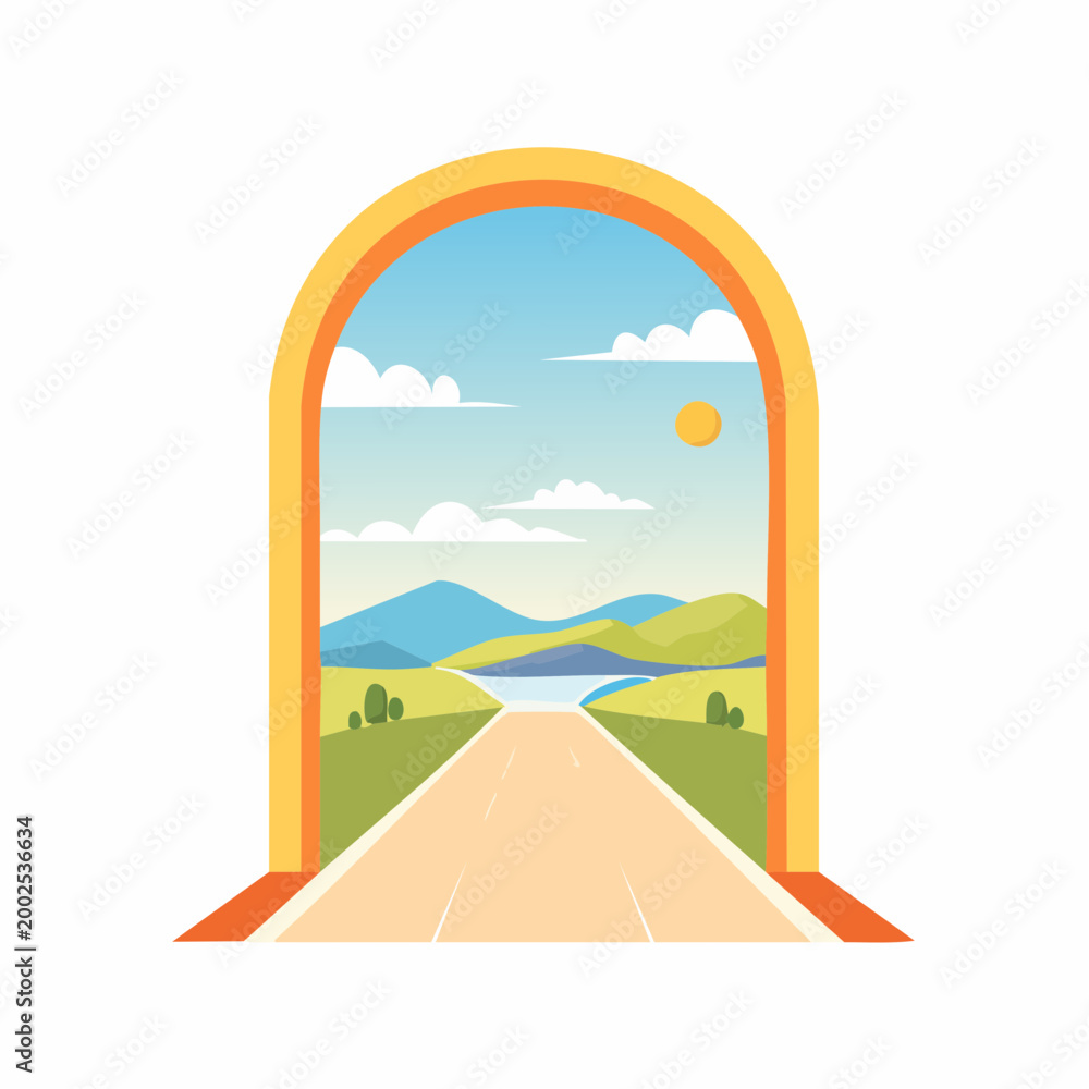 Fototapeta premium Vast Open Road Leading to Majestic Mountains and a Serene Lake Under a Blue Sky