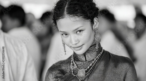 Young Woman Wearing Traditional Jewelry and Attire in a Social Setting