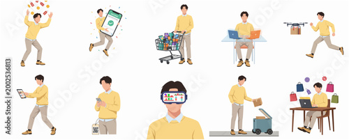 Flat Style Modern Man Engaged in Diverse Digital Shopping and Delivery Activities Collection