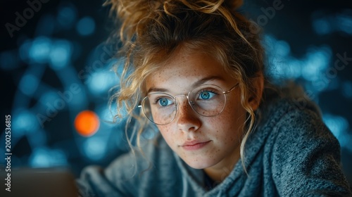 Young woman with glasses working on a laptop at night