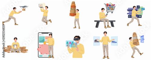 Diverse Set of Flat Design Male Character Illustrations Depicting E Commerce Delivery And Technology Concepts